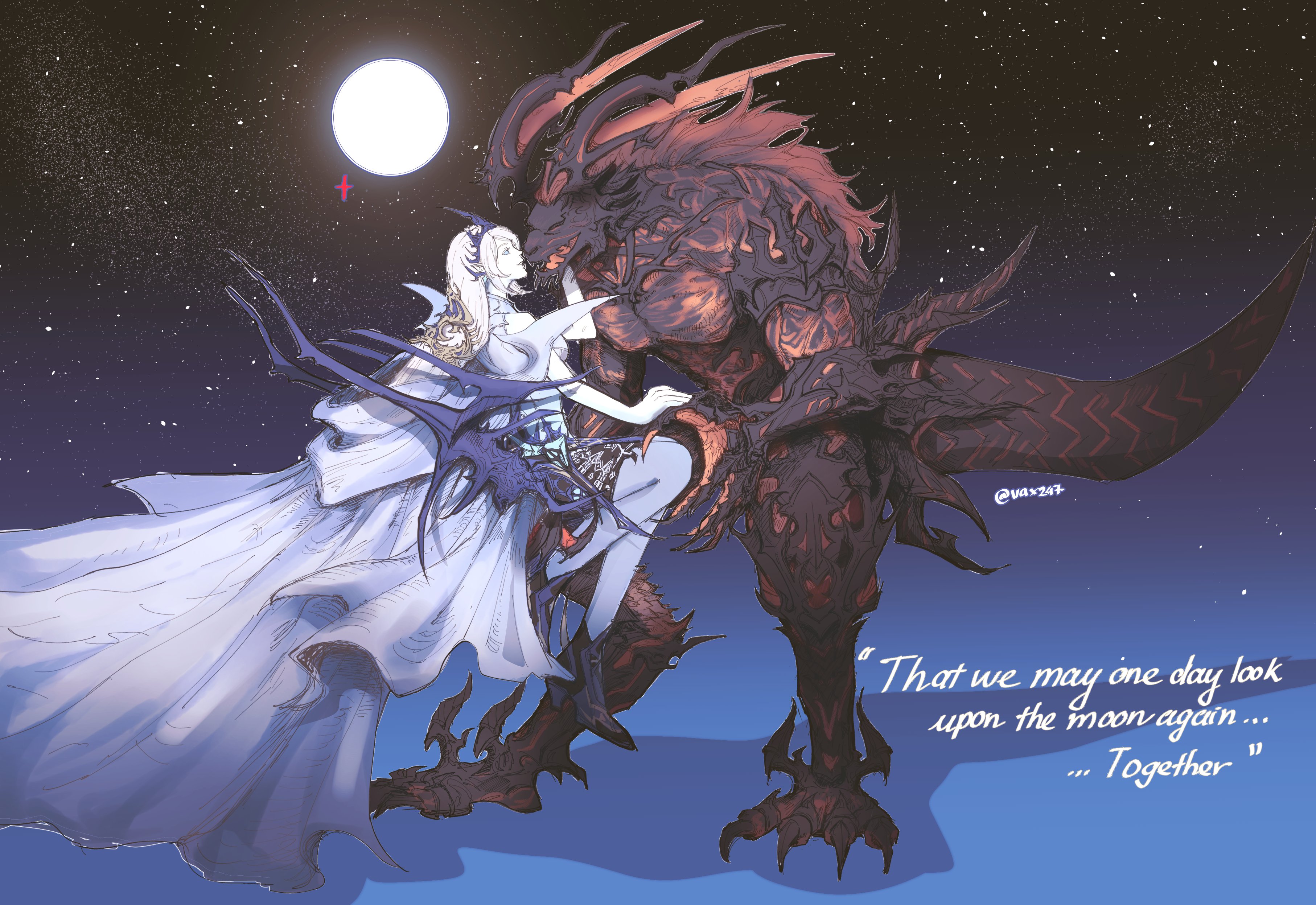 slackertherubycat, ifrit (final fantasy), jill warrick, shiva (final fantasy), final fantasy, final fantasy xvi, absurdres, highres, revision, 1boy, 1girl, blonde hair, cape, claws, english text, fangs, full moon, glowing, hand on own face, horns, long hair, looking at another, monster, moon, night, night sky, pale skin, pointy ears, sky, smile, star (sky), starry sky, tail, tiara, white cape