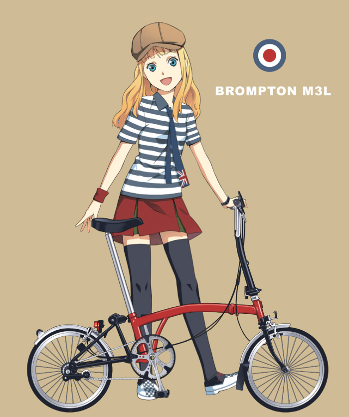 katoh akatsuki, royal air force, 1girl, bicycle, blonde hair, blue eyes, female focus, flag print, folding bicycle, hat, long hair, necktie, print necktie, shirt, simple background, skirt, solo, square-end necktie, striped clothes, striped shirt, thighhighs, union jack, watch, wristband, zettai ryouiki