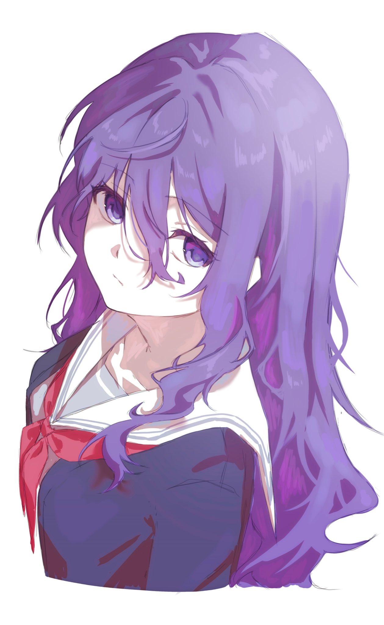 asahina mafuyu, project sekai, commentary request, highres, 1girl, :/, alternate hairstyle, barusamiko su3, blank stare, blue jacket, closed mouth, cropped shoulders, curly sidelocks, double-parted bangs, expressionless, from above, grey shirt, hair between eyes, hair down, jacket, long bangs, long hair, long hair between eyes, long sidelocks, looking at viewer, miyamasuzaka girls' academy school uniform, mojyo, neckerchief, partially shaded face, purple eyes, purple hair, red neckerchief, sailor collar, school uniform, shirt, sidelocks, simple background, solo, wavy hair, white background, white sailor collar, winter uniform