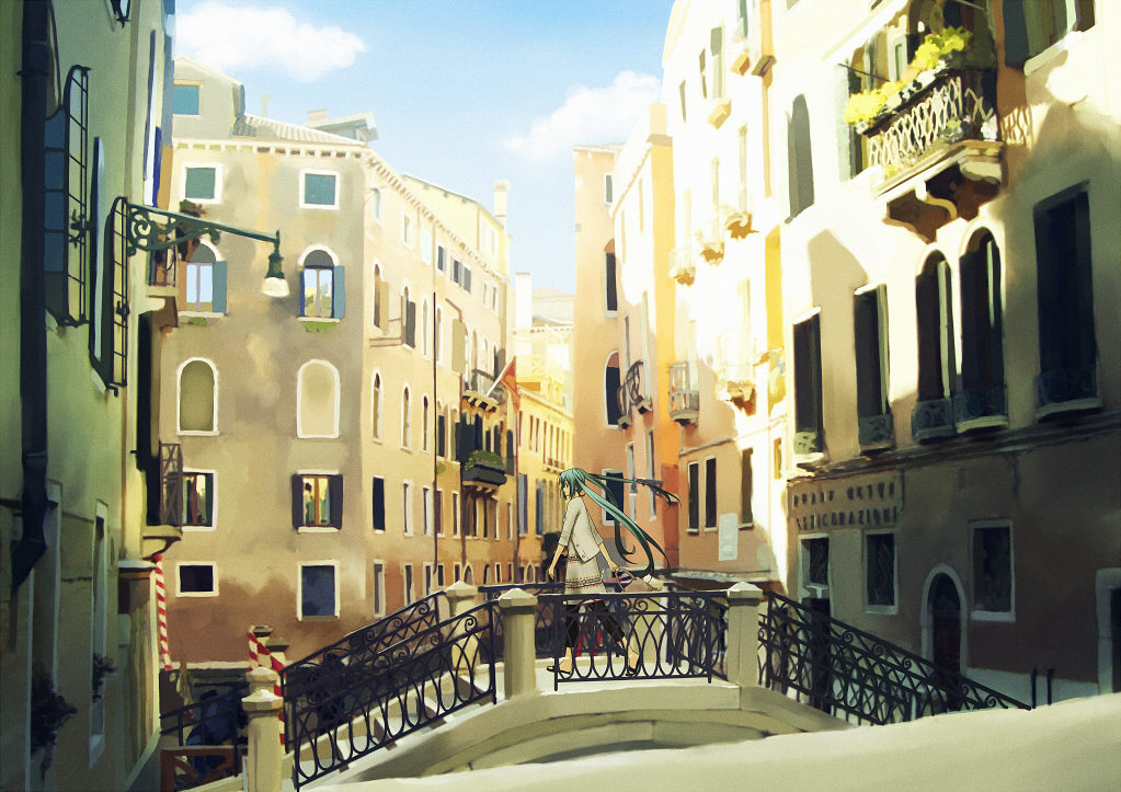 nagareboshi, hatsune miku, vocaloid, light, aqua hair, bridge, building, city, cityscape, cloud, day, landscape, long hair, scenery, solo, twintails, venice, very long hair