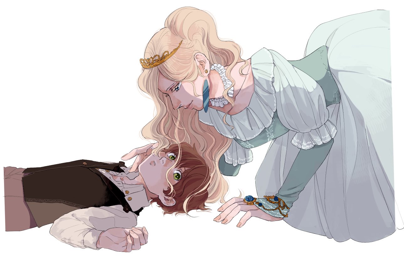 commentary request, 1boy, 1girl, age difference, ano amesuke, blonde hair, brown hair, brown vest, collarbone, dress, earrings, green dress, green eyes, jewelry, long dress, long hair, lying, on back, onee-shota, ponytail, puffy sleeves, smile, tiara, toaru ohime-sama no hanashi, vest, wavy hair