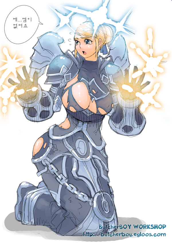 butcherboy, warcraft, world of warcraft, translation request, 1girl, blonde hair, breasts, female focus, hume, kneeling, korean text, large breasts, priest, priestess, solo, tears, torn clothes