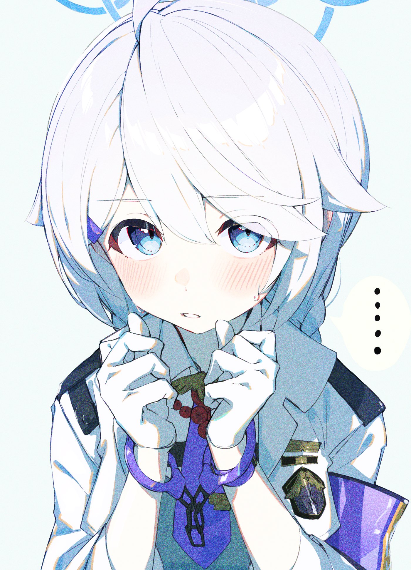 karasuri, kirino (blue archive), blue archive, highres, 1girl, blue eyes, blue halo, collared shirt, cuffs, gloves, halo, handcuffs, looking at viewer, police, police uniform, policewoman, shirt, simple background, solo, white background, white gloves, white shirt