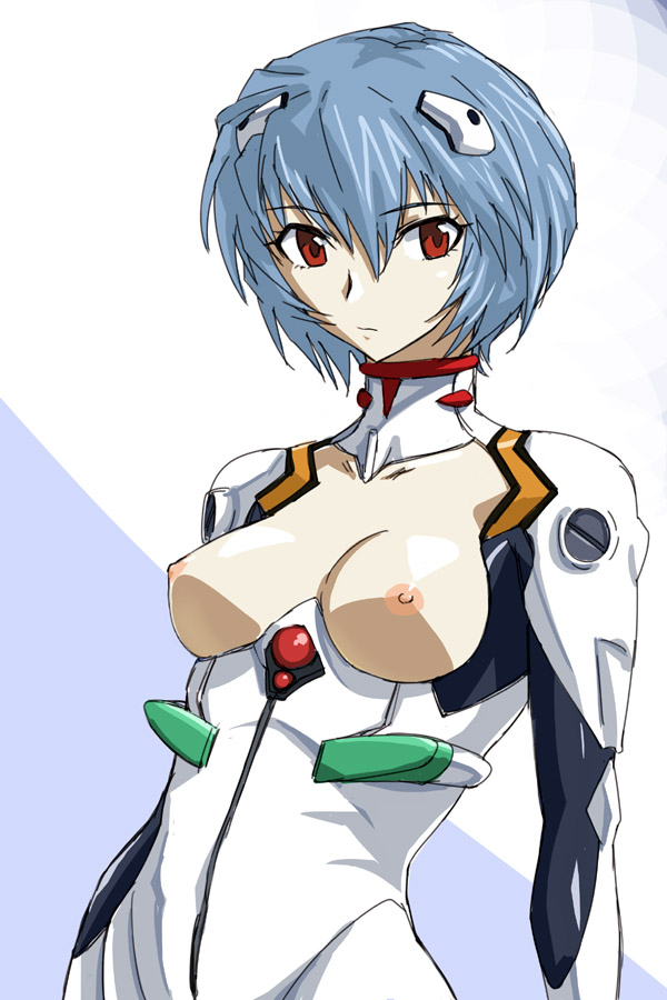 michael f91, ayanami rei, neon genesis evangelion, 1girl, blue hair, bodysuit, breasts, female focus, mecha pilot suit, nipples, plugsuit (evangelion), red eyes, short hair, solo, topless female