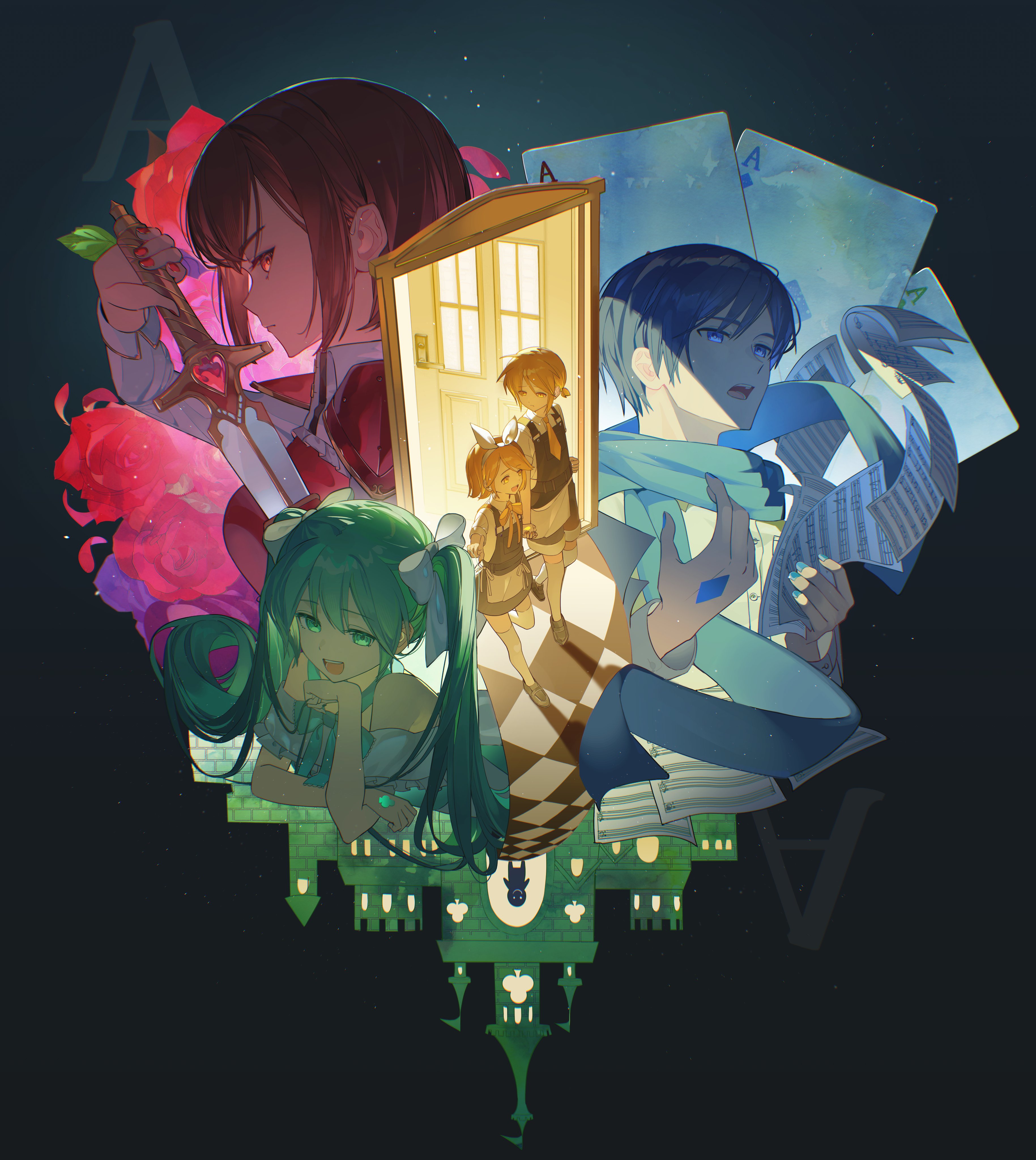 nun nu, hatsune miku, kagamine len, kagamine rin, kaito (vocaloid), meiko (vocaloid), hitobashira alice (vocaloid), vocaloid, absurdres, commentary, highres, 2boys, 3girls, :d, ace (playing card), bare shoulders, blonde hair, blue eyes, blue hair, blue scarf, bow, bow hairband, brother and sister, brown hair, card, castle, door, flower, frown, green eyes, green hair, hair bow, hairband, holding, holding sword, holding weapon, long hair, looking ahead, looking at viewer, multiple boys, multiple girls, music, open mouth, playing card, red eyes, red flower, red rose, rose, scarf, sheet music, short hair, siblings, singing, smile, sword, twins, twintails, weapon, white bow, yellow eyes