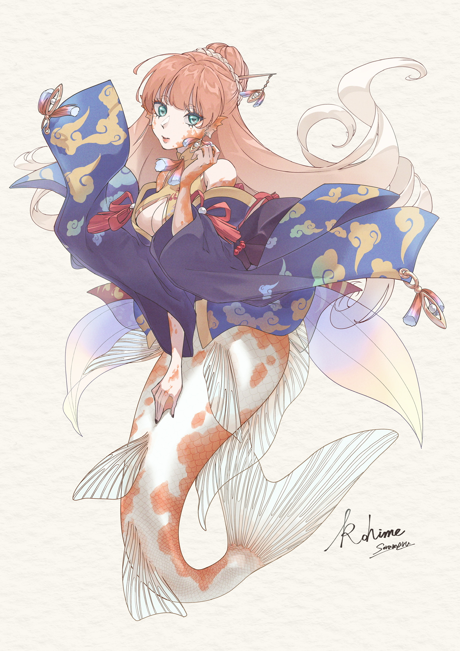 soramaru ell, original, commentary request, commission, highres, vgen commission, 1girl, arm up, bare shoulders, blue eyes, braid, breasts, character name, chinese clothes, chinese hairpin, cleavage, cleavage cutout, clothing cutout, cloud print, colored skin, earrings, english text, fins, gem, hair ornament, hairpin, hand on own tail, head fins, japanese clothes, jewelry, kimono, koi, long hair, looking at viewer, medium breasts, mermaid, monster girl, multicolored hair, multicolored skin, orange hair, paper texture, pearl (gemstone), signature, single earring, solo, symbol-shaped pupils, tassel, twitter username, two-tone hair, white hair