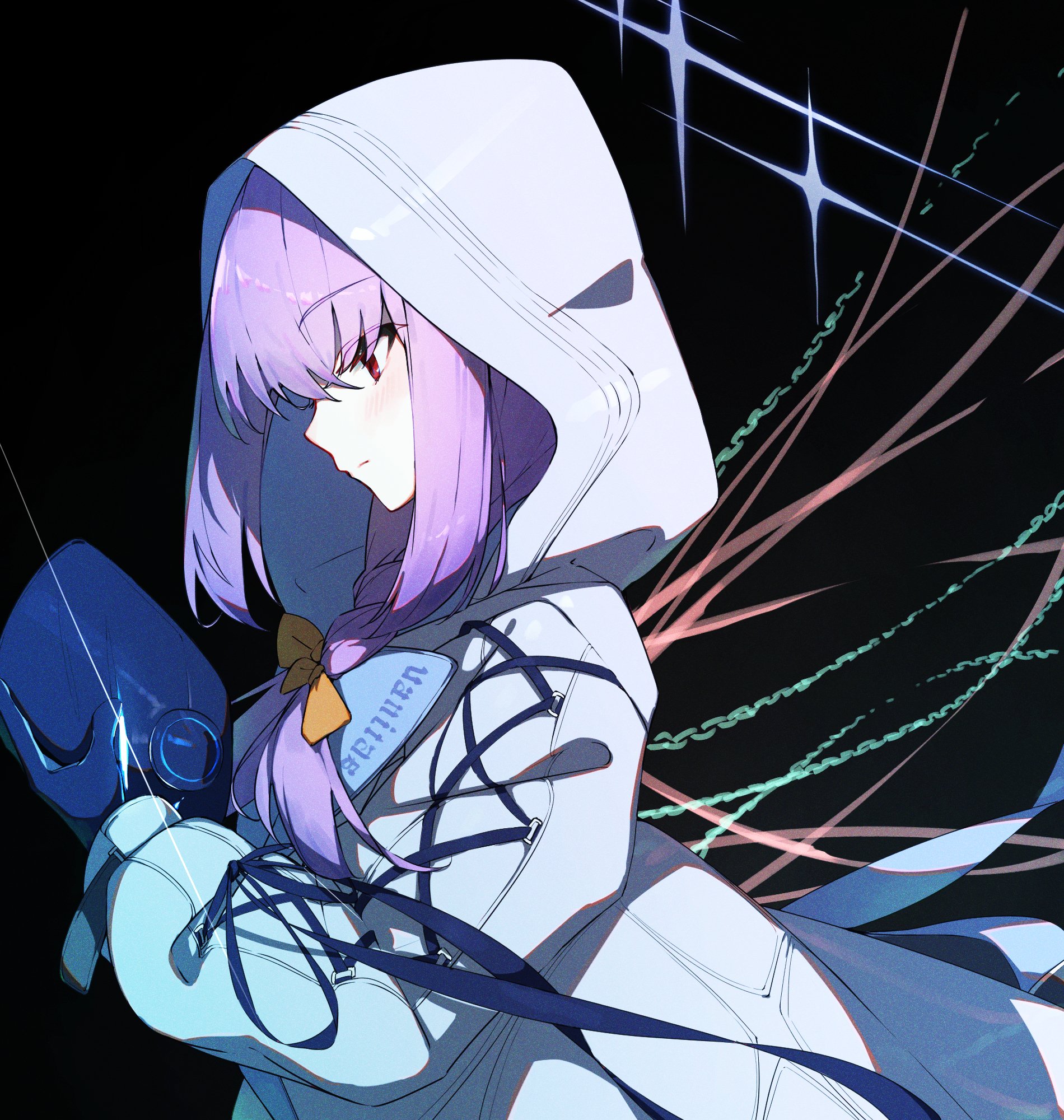 karasuri, atsuko (blue archive), blue archive, highres, 1girl, black background, blue gloves, gloves, holding, holding mask, hood, hood up, long hair, long sleeves, looking back, mask, pink eyes, purple hair, solo, upper body