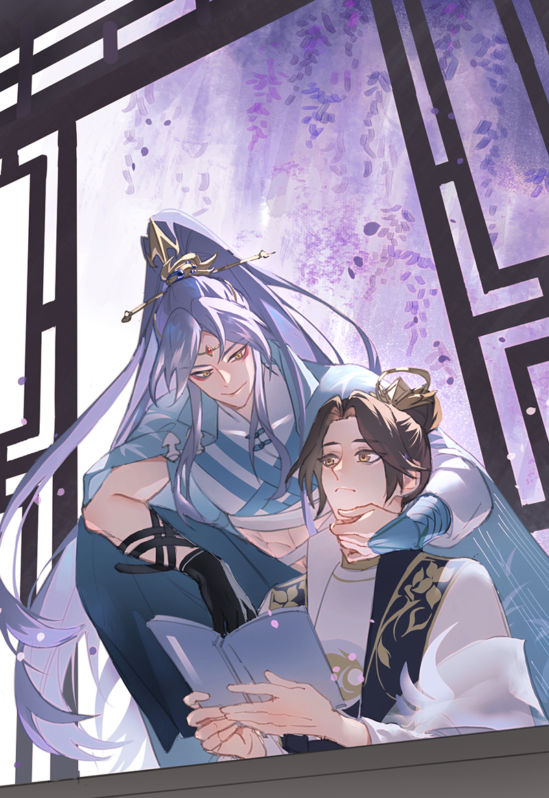 uka (azraeluka), hua yi shanxin zhiyue, chinese commentary, >:), 2boys, :<, abs, arm guards, bandaged torso, black gloves, black sash, blue cape, blue pants, book, brown hair, cape, closed mouth, coat, colored lapels, crop top, curtained hair, day, eye contact, eyeliner, falling petals, feet out of frame, floral print, flower, front-to-back, gloves, grey hair, hair bun, hair ornament, hair stick, hand on another's chin, head chain, high ponytail, holding, holding book, indoors, jewelry, lapels, lattice, ling (hua yi shanxin zhiyue), long hair, long sleeves, looking at another, makeup, male focus, mandarin collar, midriff, multiple boys, navel piercing, on one knee, open book, pants, parted bangs, petals, piercing, ponytail, purple flower, red eyeliner, robe, sash, see-through clothes, see-through shawl, shawl, shirt, sidelocks, sideways glance, single hair bun, sitting, smile, table, the prince (hua yi shanxin zhiyue), toned, toned male, tree, upper body, v-shaped eyebrows, very long hair, white coat, white robe, white shawl, white shirt, wide ponytail, window, wisteria, xiao guan (headdress), yaoi, yellow eyes