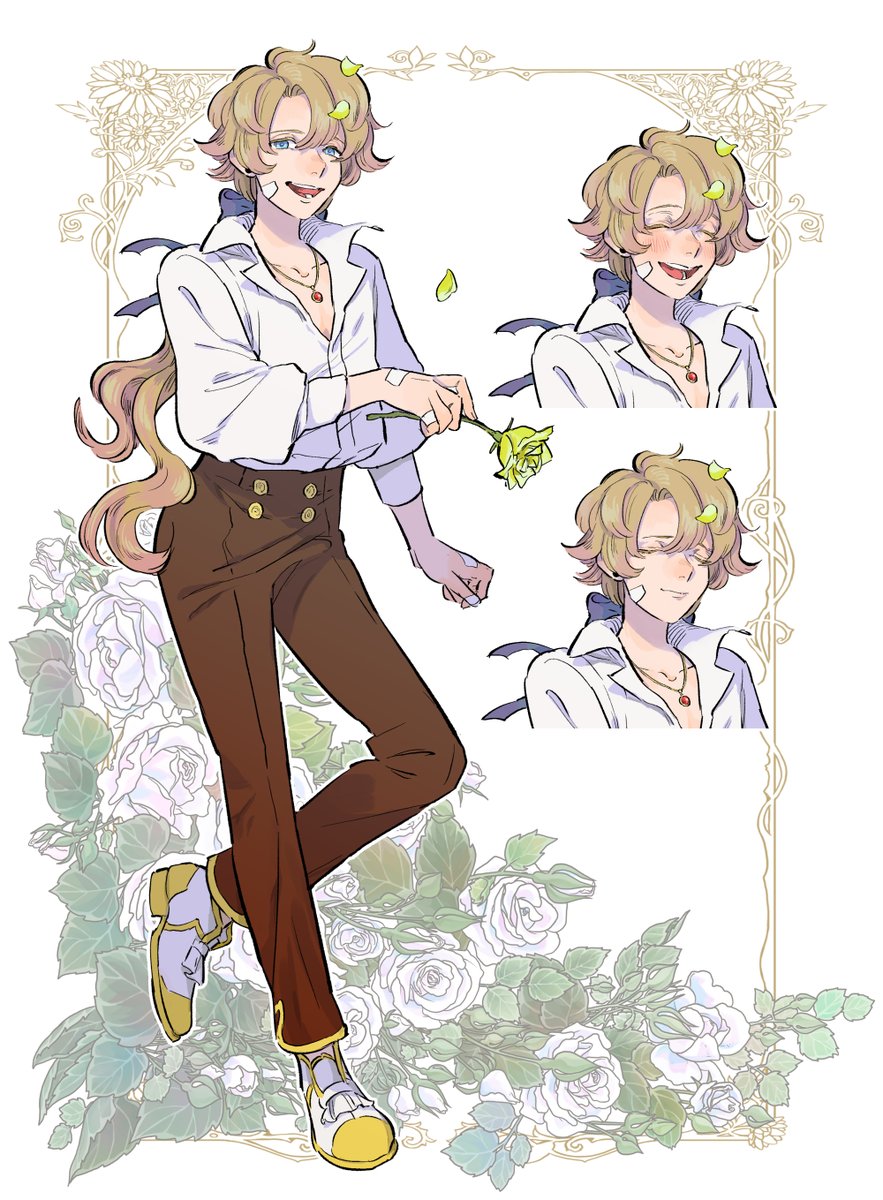 original, commentary request, highres, 1boy, ano amesuke, bandaid, bandaid on cheek, bandaid on face, bandaid on hand, blonde hair, blue eyes, brown pants, falling petals, flower, full body, holding, holding flower, jewelry, long hair, male focus, multiple expressions, necklace, open mouth, pants, petals, rose, smile, solo, white flower, white rose, yellow flower, yellow rose