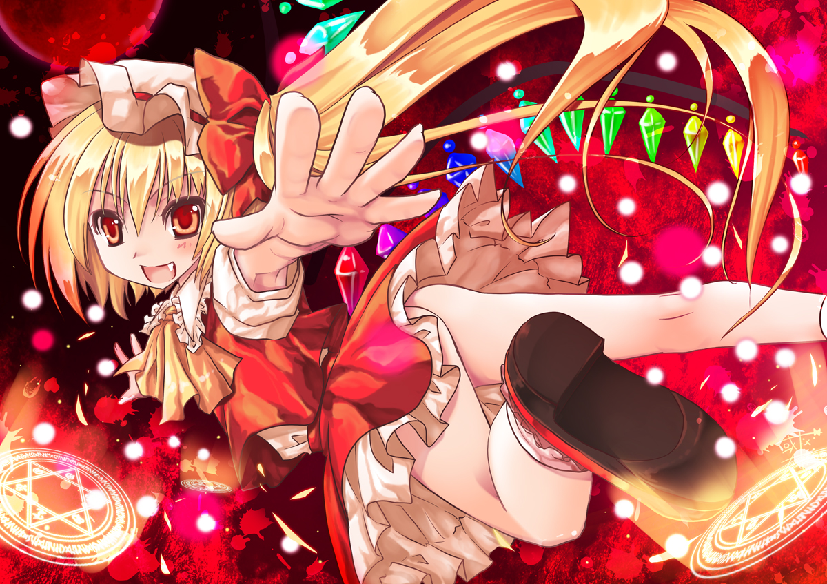 alto seneka, flandre scarlet, embodiment of scarlet devil, touhou, 1girl, armpit peek, blouse, danmaku, fang, female focus, foreshortening, hair between eyes, hat, letterboxed, magic circle, mob cap, no panties, red background, shirt, solo, white hat, white shirt, wings