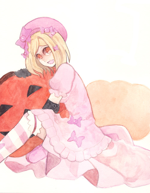 tiihatanono, lambdadelta, umineko no naku koro ni, bad id, bad pixiv id, 00s, 1girl, beret, blonde hair, dress, elbow gloves, female focus, gloves, hat, jack-o'-lantern, orange eyes, pink dress, pink hat, pumpkin, ribbon, short hair, smile, solo