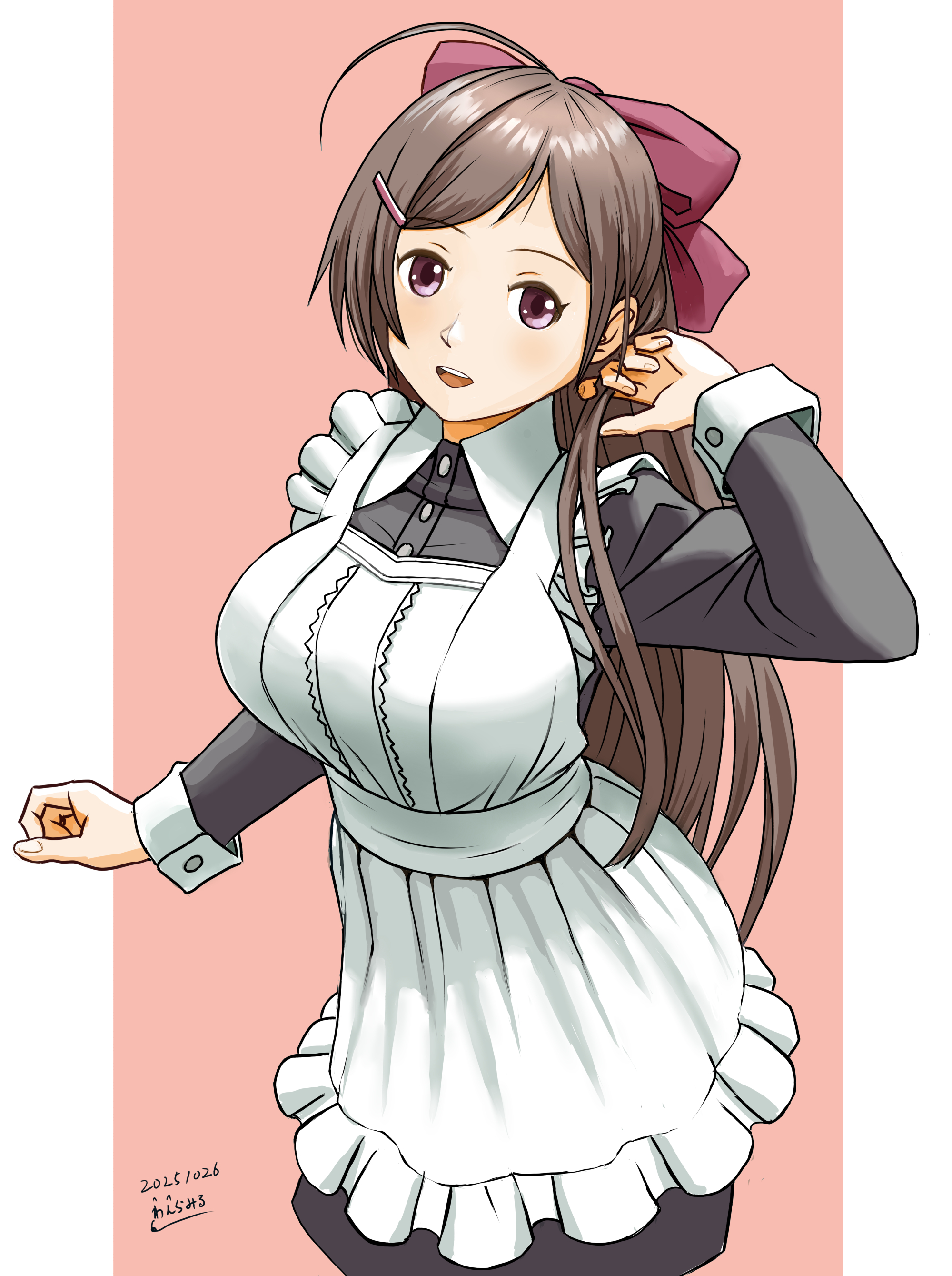 wanramiru, mamiya (kancolle), kantai collection, absurdres, highres, 1girl, ahoge, alternate costume, apron, artist name, black dress, blush, breasts, brown hair, dated, dress, enmaided, hair ornament, hair ribbon, hairclip, large breasts, long hair, long sleeves, looking at viewer, maid, maid apron, open mouth, pink background, ponytail, puffy sleeves, red eyes, ribbon, smile, solo, white apron, white background