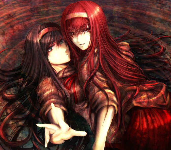 koukyou, takakyo, tohno akiha, toono akiha, vermillion akiha, tsukihime, 00s, 2girls, black hair, blue eyes, dual persona, hairband, japanese clothes, long hair, multiple girls, red eyes, red hair, red theme, time paradox, water