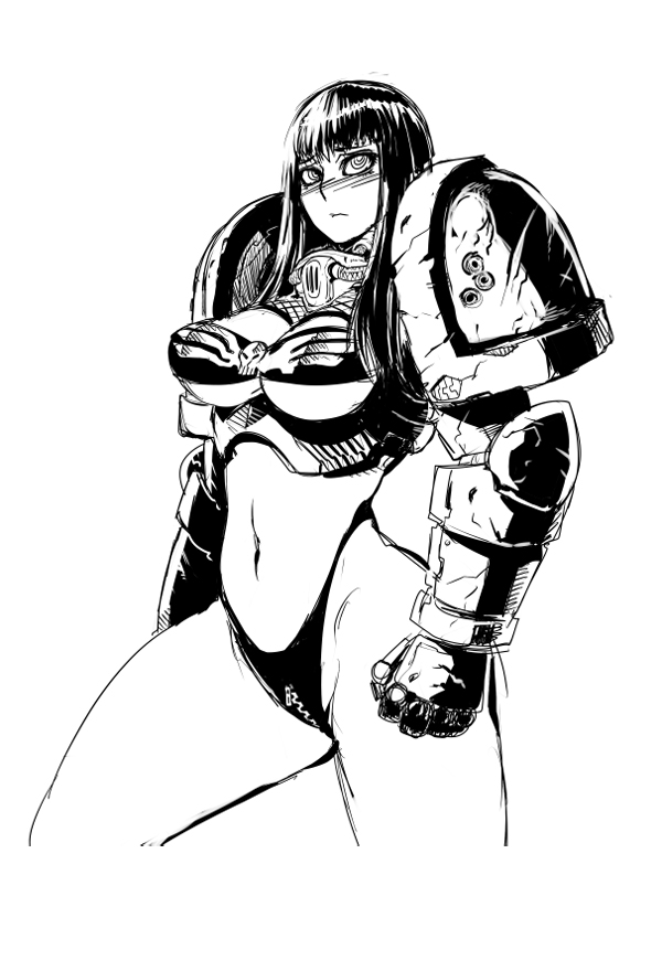 butcherboy, adeptus astartes, warhammer 40k, 1girl, armor, blush, breasts, curvy, female focus, greyscale, heresy, highleg, highleg panties, large breasts, long hair, monochrome, navel, panties, shoulder pads, solo, thighs, underwear