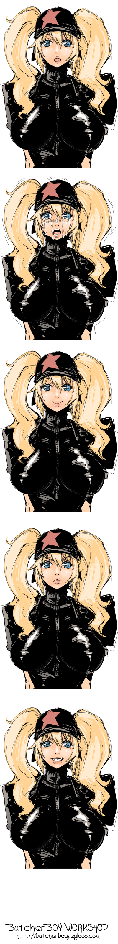 butcherboy, absurdres, highres, long image, tall image, :p, angry, blonde hair, blue eyes, breasts, grin, happy, hat, large breasts, long hair, mole, mole under eye, multiple expressions, sharp teeth, skin tight, smile, tears, teeth, tongue, tongue out, twintails