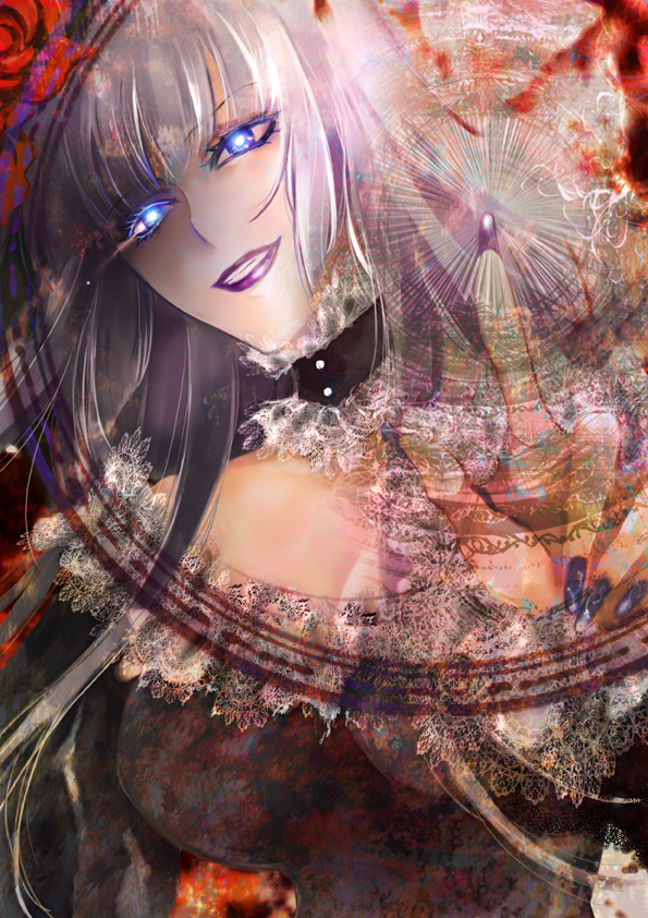 mamiya t, virgilia (umineko), umineko no naku koro ni, silver hair, 00s, blue eyes, choker, dress, frills, hime cut, long hair, smile, solo
