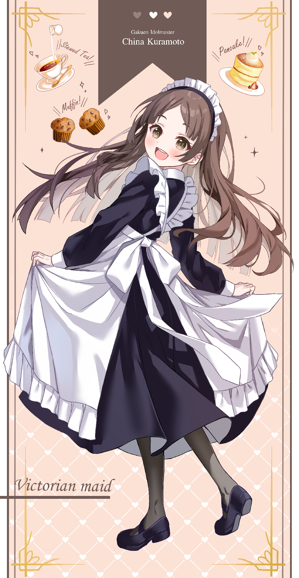 kuramoto beta-carotene, kuramoto china, gakuen idolmaster, idolmaster, commentary request, highres, 1girl, alternate costume, apron, black dress, black pantyhose, blush, brown eyes, brown hair, character name, copyright name, cup, dress, enmaided, food, full body, long hair, long sleeves, looking at viewer, looking back, maid, maid apron, maid headdress, mary janes, muffin, open mouth, pancake, pantyhose, shoes, skirt hold, smile, solo, spoon, tea, teacup, teeth, upper teeth only, white apron