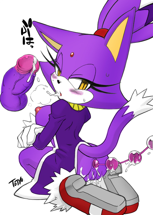 aku tojyo, blaze the cat, sega, sonic (series), 1girl, anal beads, animal ears, anus, ass, back, beads, breasts, breath, cat, cat ears, cat tail, cum, cum in mouth, erection, furry, kneeling, looking back, nipples, no panties, oral, penis, pussy, sex toy, shoes, simple background, slit pupils, sweat, tail