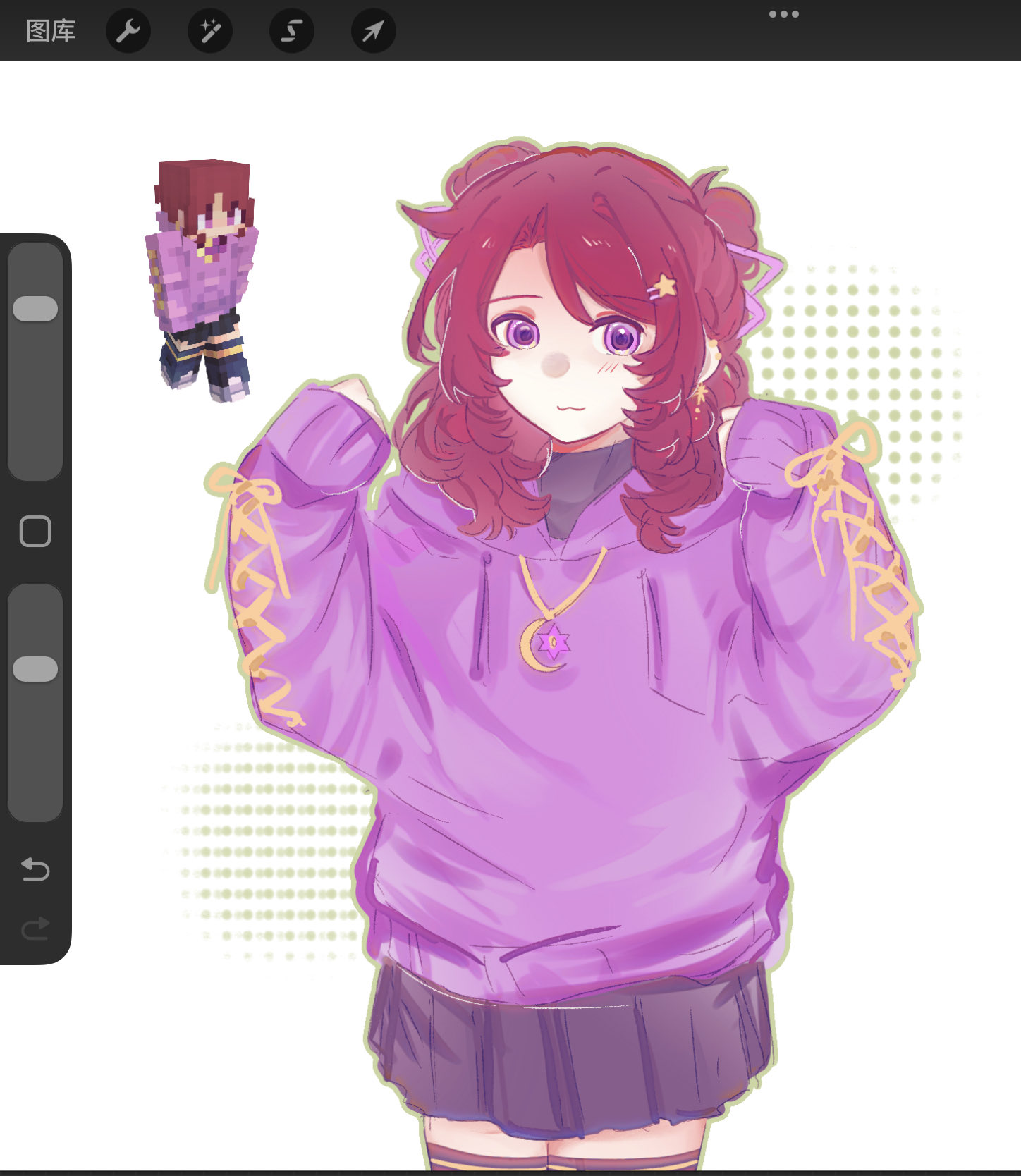 minecraft youtube, highres, 1girl, :3, art program in frame, black shirt, blush, bow, crossdressing, crossdressing (mtf), hood, hoodie, infuse smp, lanchi0226, pink bow, pink eyes, pink hoodie, reference inset, shirt, simple background, skirt, solo, sososhaun, two side up