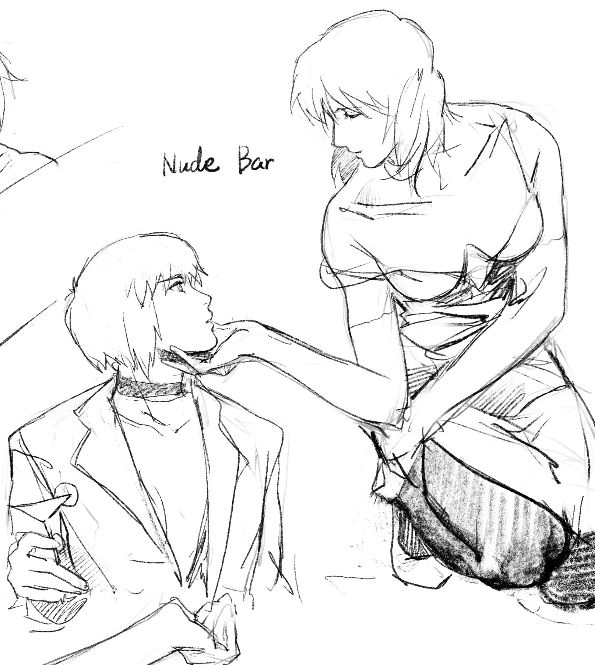 aizheajsee, kusanagi motoko, ghost in the shell, ghost in the shell: stand alone complex, highres, 2girls, black outline, english text, face-to-face, greyscale, hand on another's chin, kneeling, looking at another, medium hair, monochrome, multiple girls, multiple persona, multiple views, outline, white background