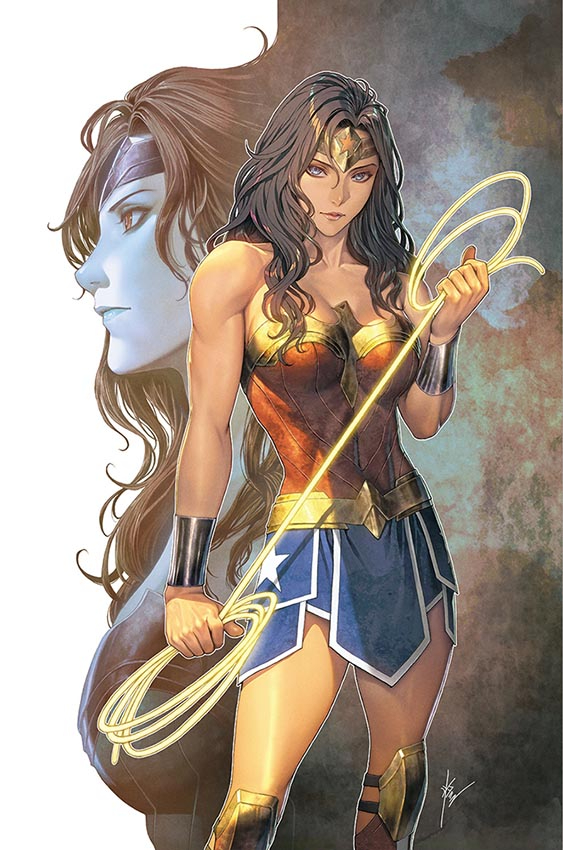 homare (fool's art), wonder woman, dc comics, wonder woman (series), official art, 1girl, bare shoulders, biceps, bracer, breasts, cleavage, holding lasso, lasso, lasso of truth, looking at viewer, muscular, muscular female, skirt, solo, strapless, superhero costume, thighs, tiara