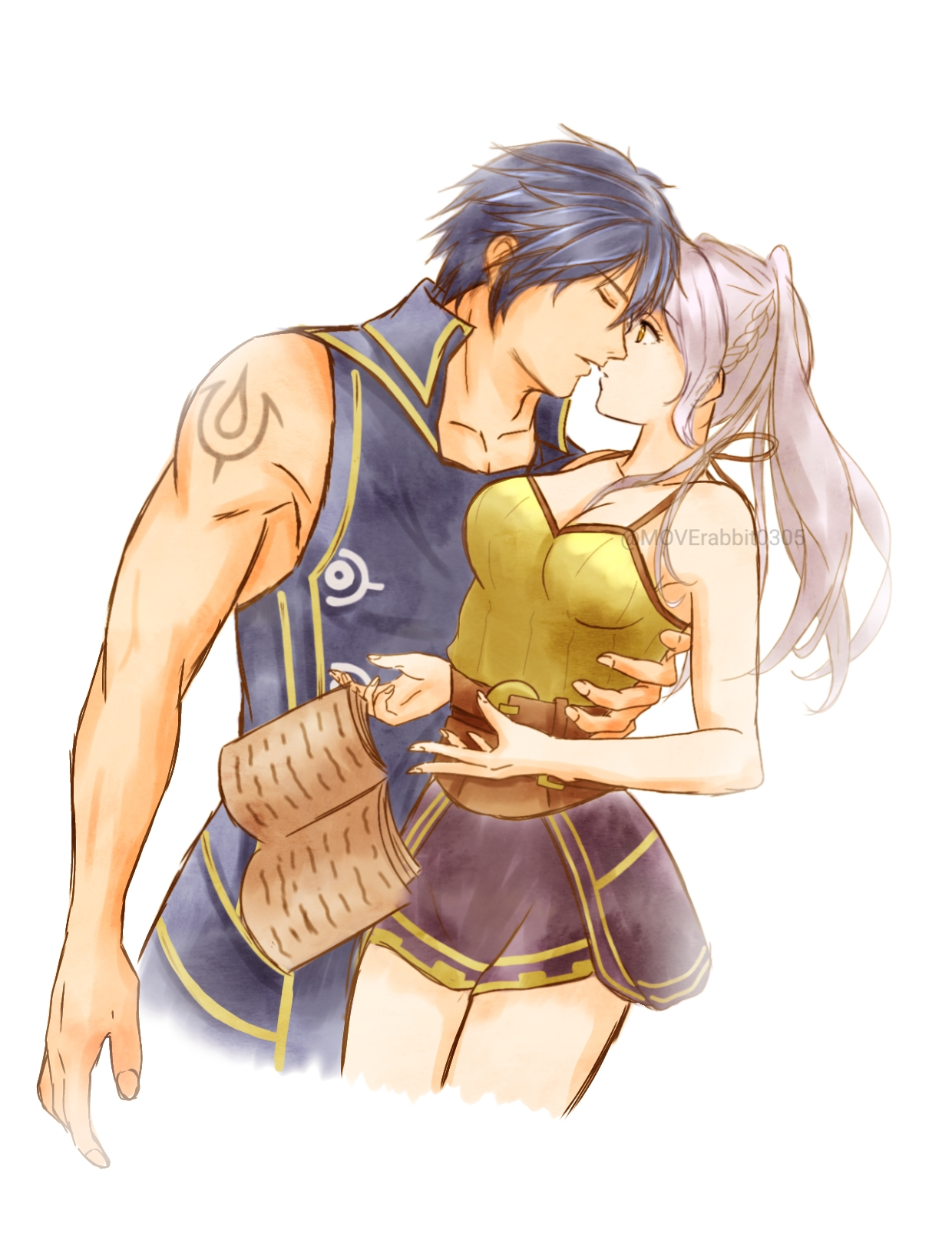 moverabbit0305, chrom (fire emblem), female robin (fire emblem), fire emblem, fire emblem awakening, intelligent systems, highres, 1boy, 1girl, alternate costume, arm at side, arm tattoo, armpit crease, bare arms, bare shoulders, belt, blue eyes, blue hair, book, breasts, cleavage, collarbone, couple, eyelashes, fingernails, halterneck, hand on another's waist, kiss, leaning on person, legs together, long hair, medium breasts, miniskirt, muscular arms, neck, parted lips, shirt, short hair, sidelocks, skirt, sleeveless, sleeveless shirt, spaghetti strap, standing, surprise kiss, surprised, swept bangs, tattoo, thighs, toned, toned male, twintails, white background, white hair, yellow eyes