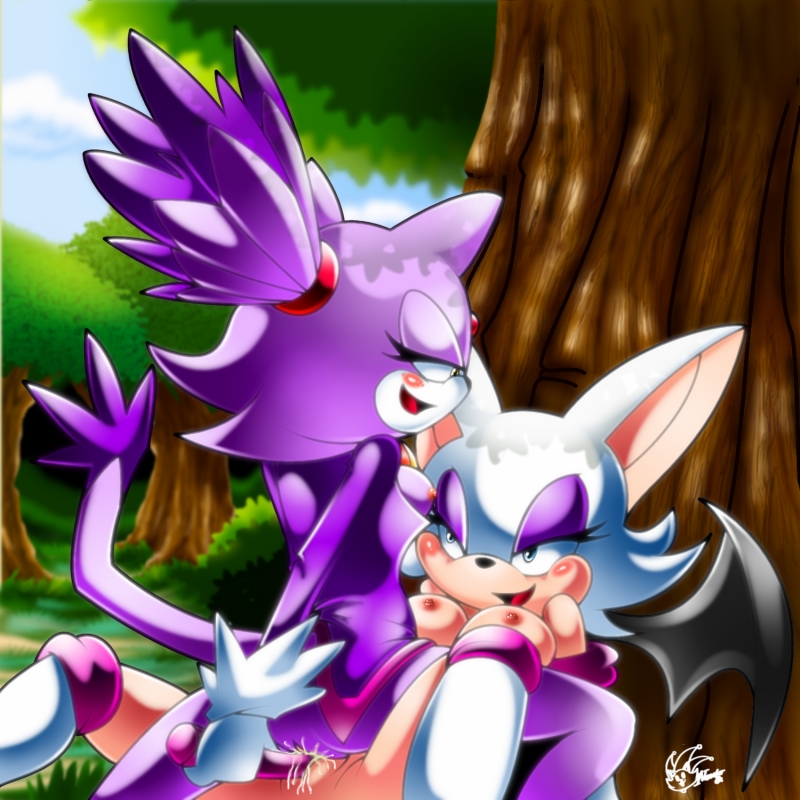 nancher, blaze the cat, rouge the bat, sega, sonic (series), tagme, 2girls, blush, breasts, dildo, furry, multiple girls, naughty face, nipples, outdoors, sex, sex toy, smile, tail, tree, wings, yuri