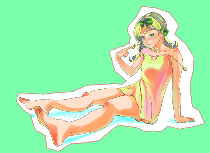 butters stotch, marjorine, south park, 1boy, barefoot, blonde hair, blue eyes, bow, feet, long hair, male focus, solo, trap