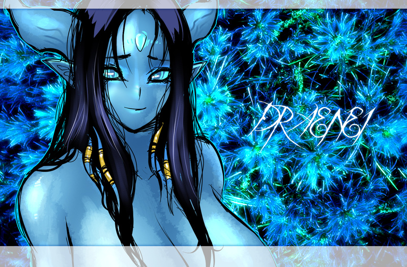 butcherboy, draenei, warcraft, world of warcraft, 1girl, bare shoulders, black hair, blue eyes, blue hair, blue skin, breasts, cleavage, colored skin, facial mark, female focus, forehead mark, glowing, glowing eyes, horns, long hair, matching hair/eyes, pointy ears, smile, solo, topless female, topless frame