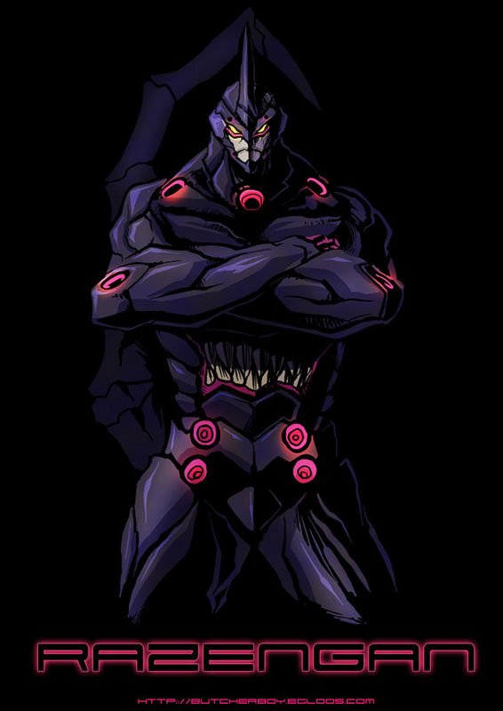 butcherboy, lazengann, tengen toppa gurren lagann, 00s, black background, character name, cropped legs, crossed arms, dark, extra mouth, glowing, glowing eyes, horns, looking at viewer, manly, mecha, no humans, razengan, robot, sharp teeth, simple background, single horn, standing, super robot, teeth, yellow eyes