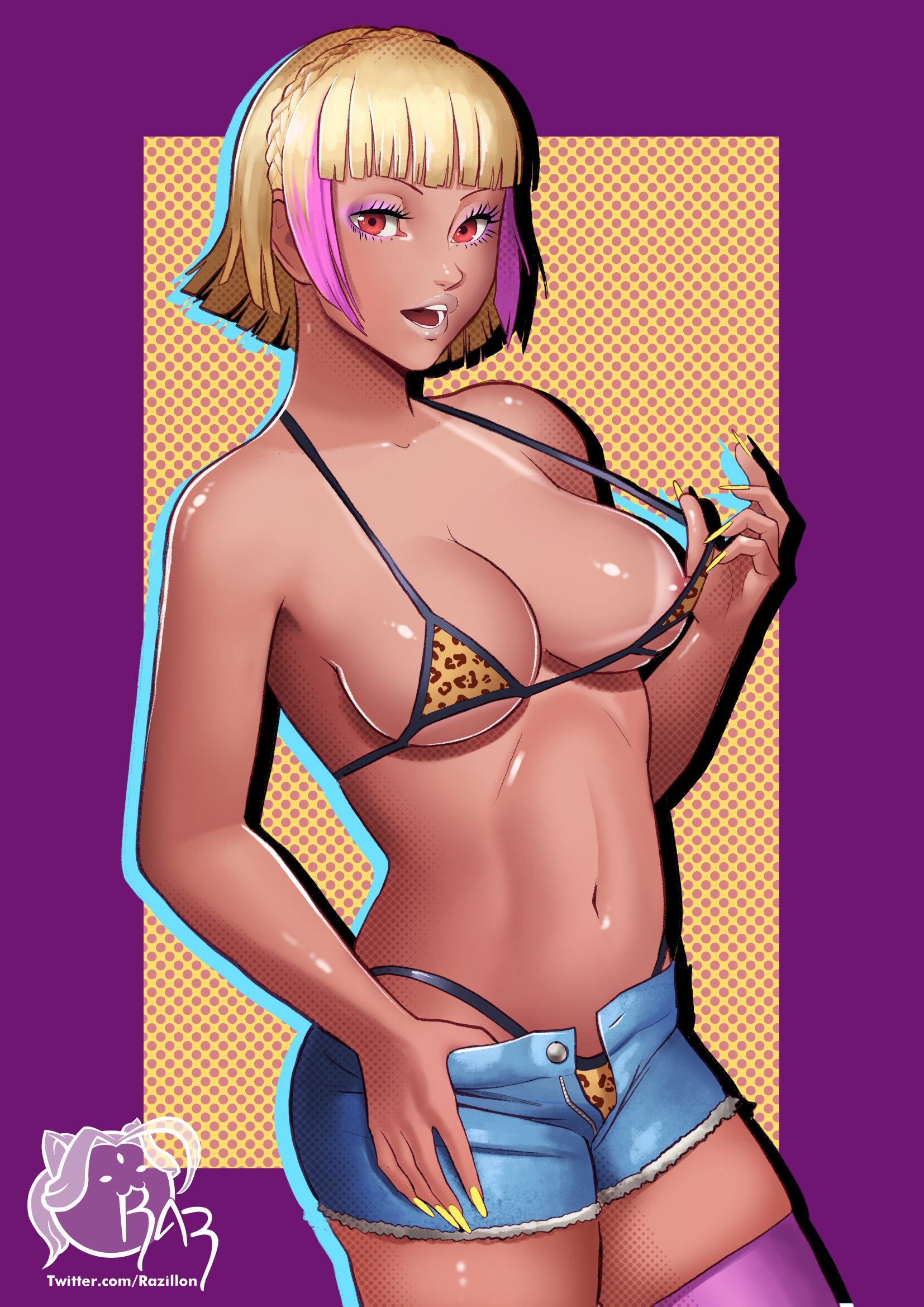 razillon, niijima makoto, persona, persona 5, highres, tagme, animal print, bikini, breasts, gyaru, leopard print, leopard print bikini, nipples, panties, print bikini, shorts, swimsuit, tan, underwear