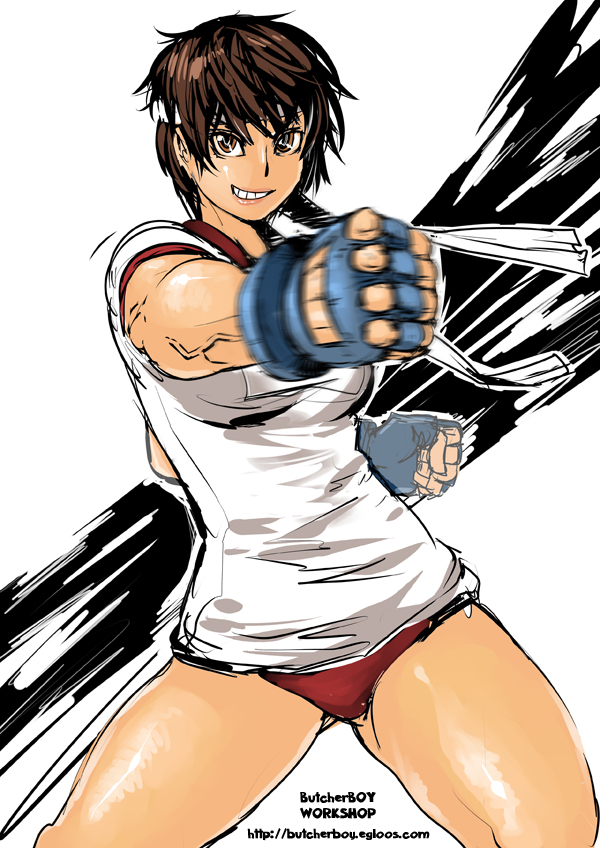 butcherboy, kasugano sakura, capcom, street fighter, 1girl, brown eyes, brown hair, buruma, female focus, fingerless gloves, gloves, grin, gym uniform, headband, legs, motion blur, punching, short hair, smile, solo, thighs, veins