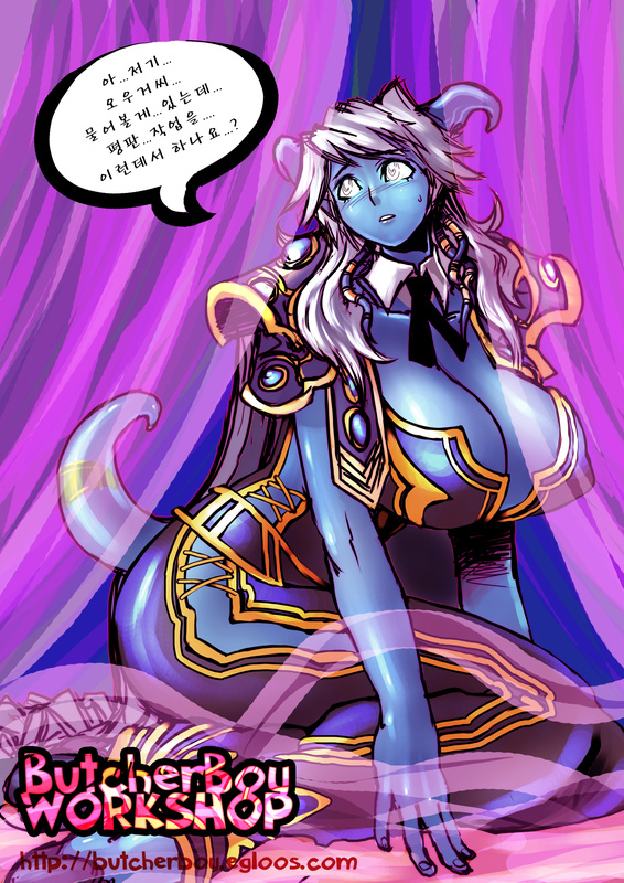 butcherboy, draenei, warcraft, world of warcraft, translated, 1girl, ascot, bed, blue skin, breasts, cleavage, colored skin, female focus, hooves, horns, huge breasts, kneeling, korean text, long hair, monster girl, priest, priestess, shoulder pads, solo, tail, white hair