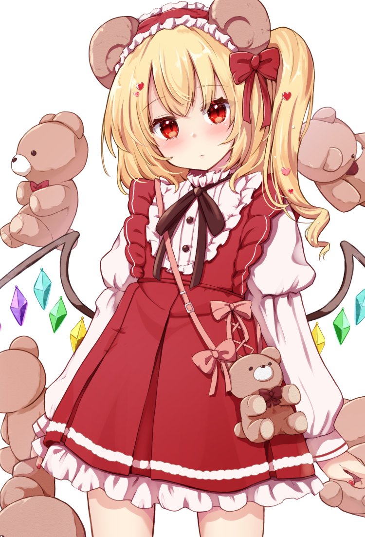 baram, flandre scarlet, touhou, commentary, 1girl, animal ear hairband, animal ears, bear ears, black ribbon, blonde hair, bow, cowboy shot, dress, fake animal ears, frilled hairband, frills, hair bow, hair ornament, hairband, heart, heart hair ornament, juliet sleeves, long hair, long sleeves, looking at viewer, neck ribbon, one side up, puffy sleeves, red bow, red dress, red eyes, red hairband, red nails, ribbon, shirt, simple background, solo, stuffed animal, stuffed toy, teddy bear, white background, white shirt, wings