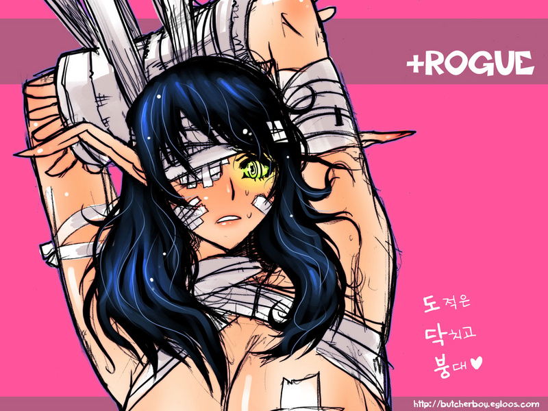 butcherboy, blood elf (warcraft), warcraft, world of warcraft, 1girl, armpits, bandages, bandaid, blush, cast, eyepatch, female focus, glowing, glowing eyes, korean text, long hair, pasties, plaster, pointy ears, solo