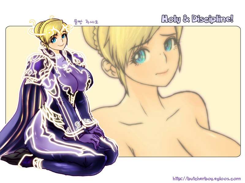 butcherboy, warcraft, world of warcraft, blonde hair, blue eyes, breasts, cape, curvy, hume, kneeling, large breasts, priest, priestess, short hair, smile