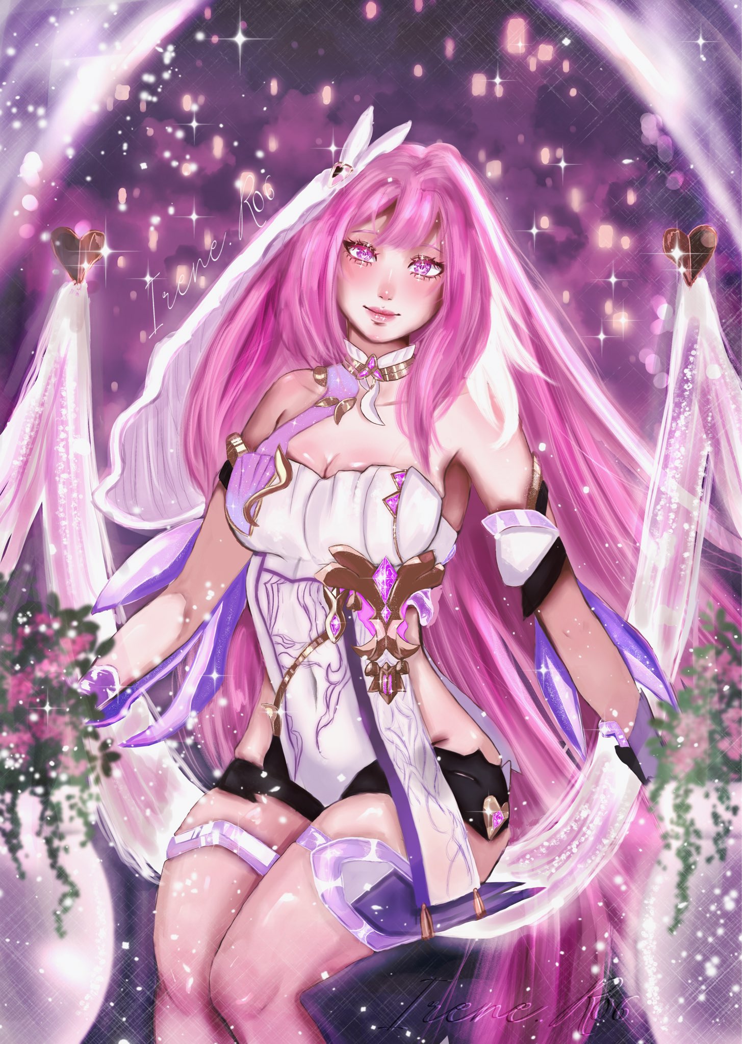 elysia (herrscher of human: ego) (honkai impact), elysia (honkai impact), honkai (series), honkai impact 3rd, hashtag-only commentary, highres, 1girl, artist name, bare shoulders, black shorts, breasts, cleavage, corset, irener006, large breasts, long hair, on swing, pink hair, purple eyes, short shorts, shorts, solo, swing, thigh strap, thighs, triquetra, very long hair, white corset, white hair