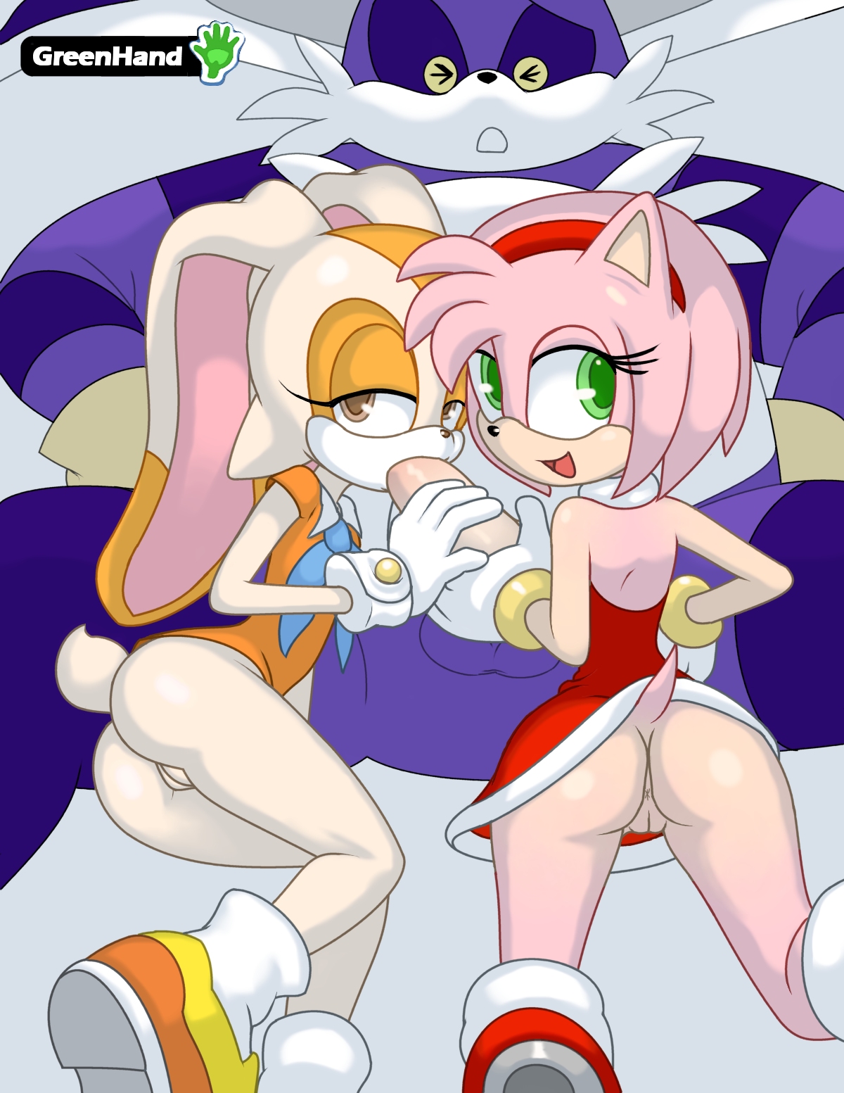 greenhand, amy rose, big the cat, cream the rabbit, sega, sonic (series), highres, > <, 2girls, animal ears, anus, ass, brown eyes, cleft of venus, clothes lift, dress, dress lift, fellatio, furry, gloves, green eyes, handjob, headband, loli, multiple girls, no panties, open mouth, oral, penis, pussy, rabbit ears, tail