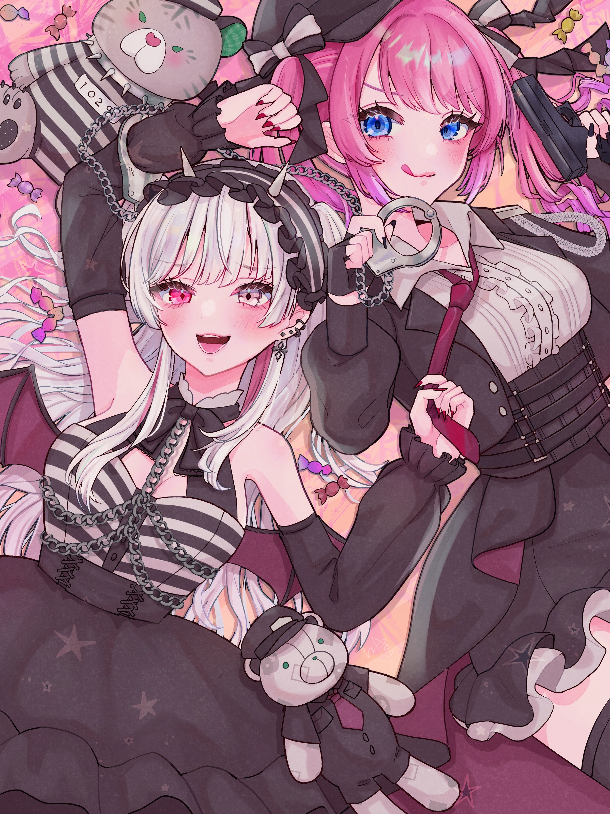 itsuki isshiki, ishigami nozomi, kuramochi meruto, nijisanji, absurdres, commentary, highres, 2girls, :d, :p, black gloves, black hairband, black jacket, black nails, black skirt, black sleeves, blue eyes, candy, chain, clothes grab, collared shirt, cuffs, detached sleeves, dress, earrings, fingerless gloves, food, frilled hairband, frilled sleeves, frills, gloves, gun, hairband, handcuffs, handgun, heterochromia, holding, holding gun, holding handcuffs, holding weapon, jacket, jewelry, long sleeves, looking at viewer, lying, multiple girls, necktie, necktie grab, neckwear grab, on back, open mouth, pink eyes, pink hair, purple necktie, red nails, shirt, skirt, sleeveless, sleeveless dress, smile, stuffed animal, stuffed toy, teddy bear, tongue, tongue out, virtual youtuber, weapon, white eyes, white hair, white shirt