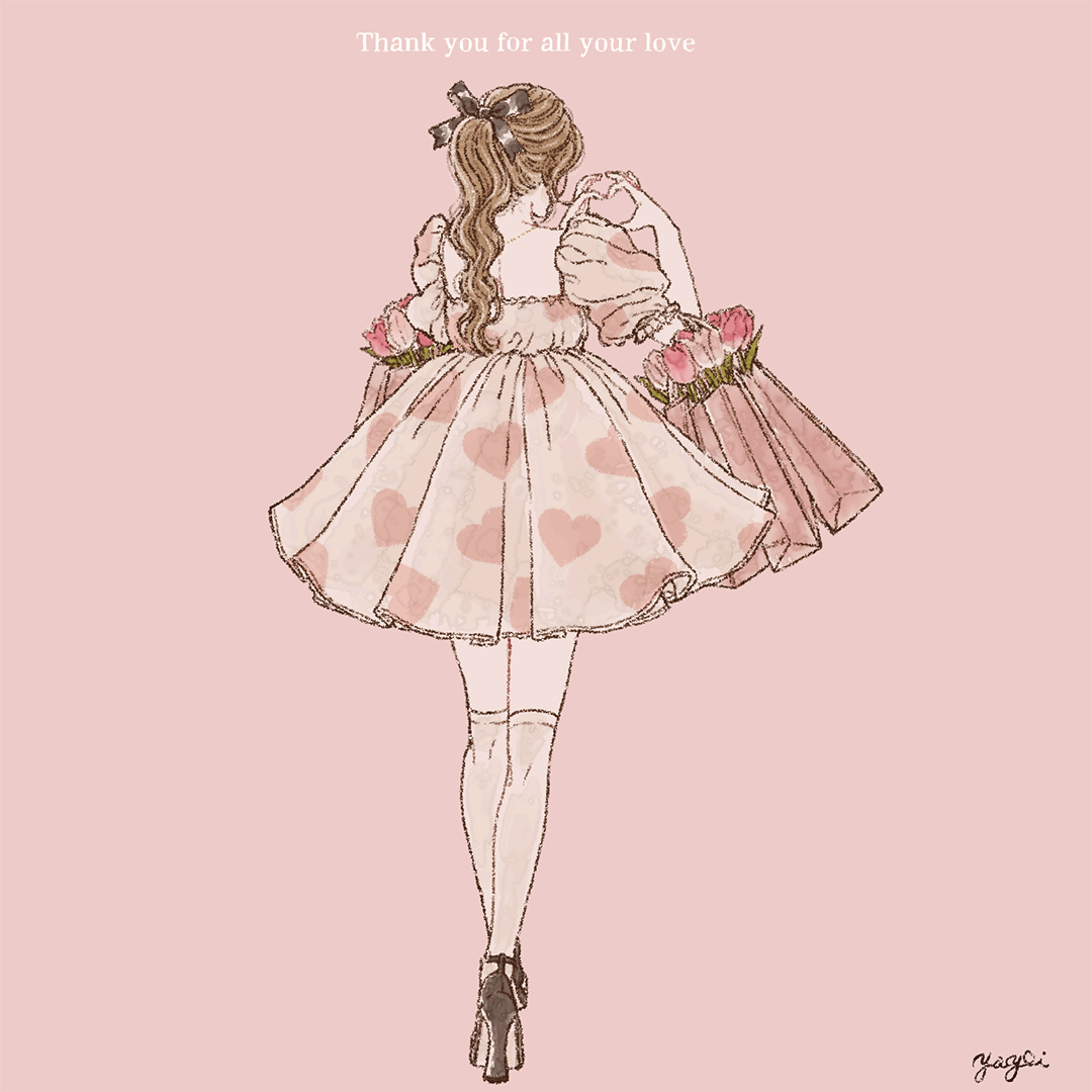 yayoi (frp-y), original, 1girl, ankle strap, black shoes, bouquet, bow, brown hair, english text, fashion, flower, from behind, full body, hair bow, heart, heart hands, heart print, high heels, long hair, ponytail, puffy sleeves, rose, shoes, simple background, solo, standing, thighhighs, tulip