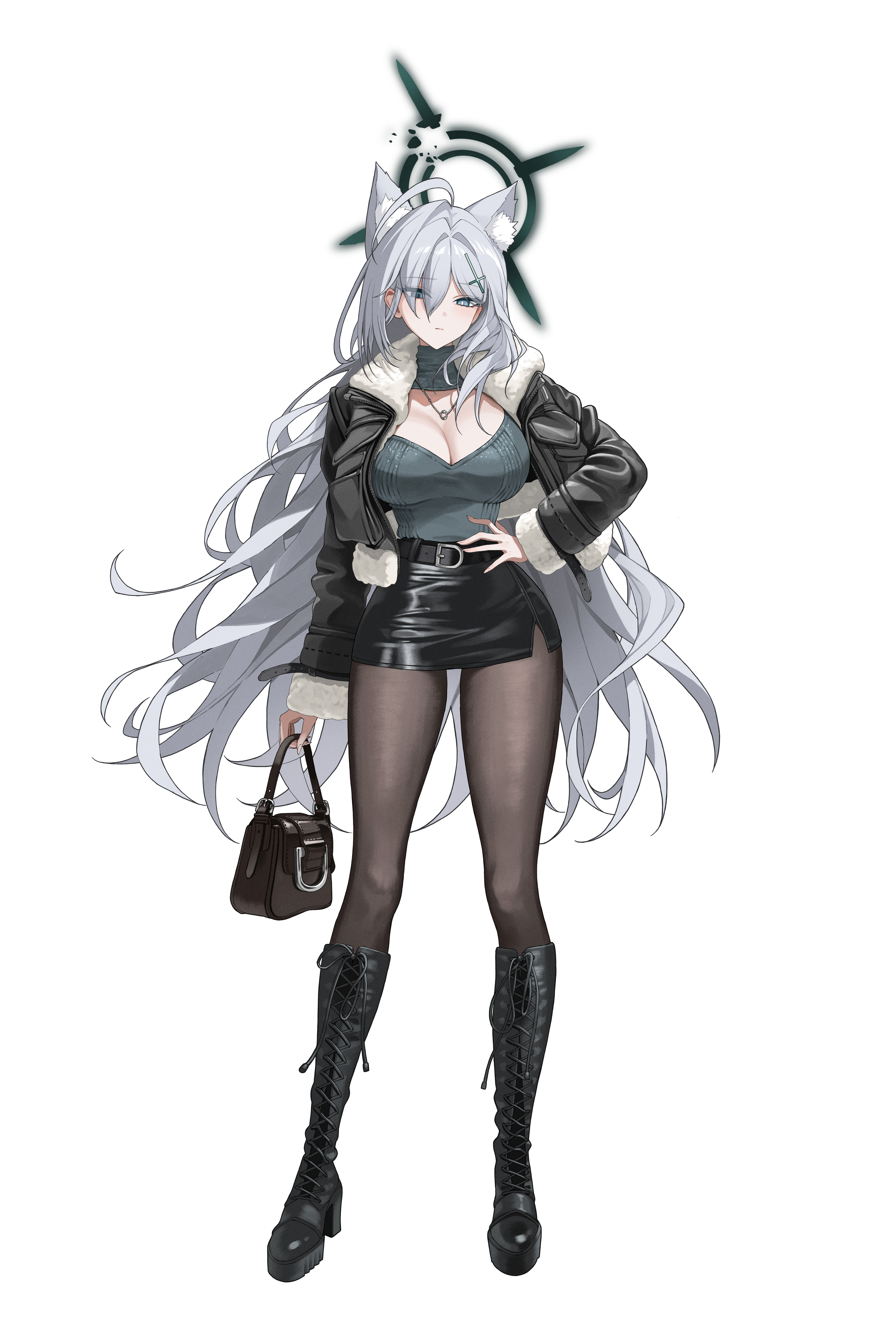 4meart0112, shiroko terror (blue archive), blue archive, absurdres, commentary request, highres, 1girl, alternate costume, animal ear fluff, animal ears, bag, black bag, black boots, black jacket, black pantyhose, black skirt, boots, breasts, broken halo, cleavage, closed mouth, cross hair ornament, fingernails, full body, grey eyes, grey hair, hair between eyes, hair ornament, halo, hand on own hip, handbag, heterochromia, high heel boots, high heels, holding, holding bag, jacket, large breasts, long hair, looking at viewer, open clothes, open jacket, pantyhose, skirt, solo, standing, very long hair, wolf ears