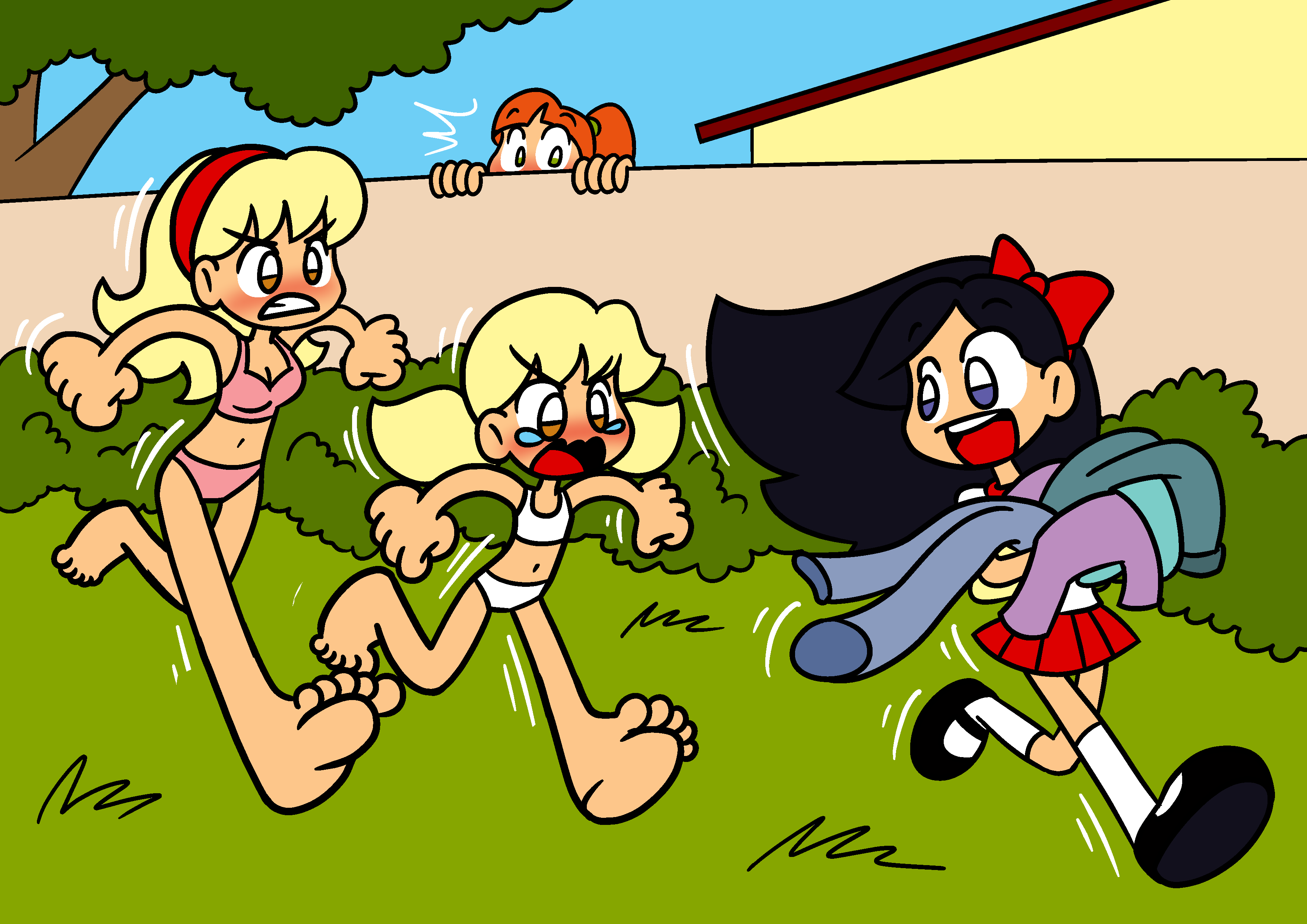 original, absurdres, highres, alenonimo, angry, chasing, humiliation, mary janes, nude, panties, shoes, short twintails, theft, twintails, underwear