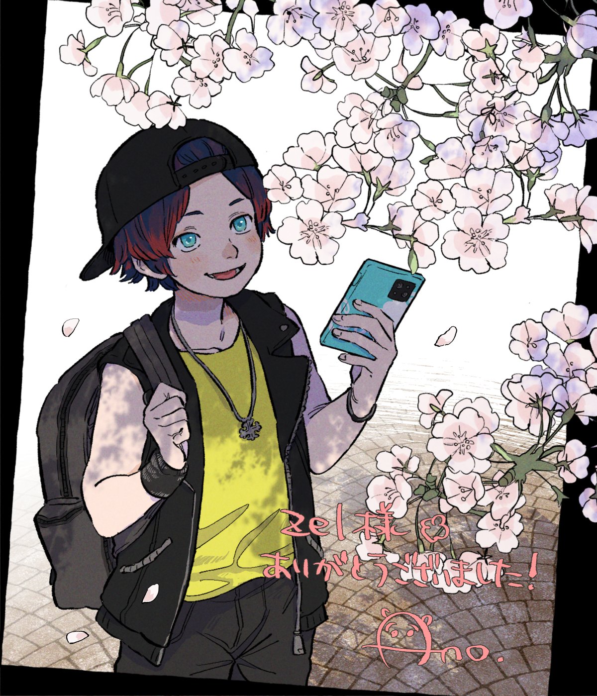 original, commentary, commission, english commentary, highres, skeb commission, translation request, 1boy, ano amesuke, aqua eyes, backpack, backwards hat, bag, baseball cap, black vest, blue hair, cellphone, cherry blossoms, flower, hat, holding, holding phone, jewelry, male focus, necklace, open mouth, petals, phone, red hair, shirt, sleeveless, sleeveless shirt, smartphone, smile, solo, upper body, vest, wristband, yellow shirt