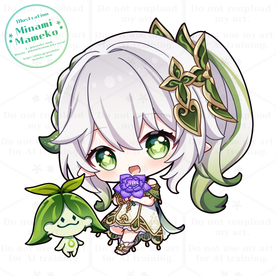mameko minami, aranara (genshin impact), nahida (genshin impact), genshin impact, commentary request, 1girl, bare shoulders, chibi, chibi only, cross-shaped pupils, detached sleeves, dress, flower, full body, gold trim, gradient hair, green eyes, green hair, green sleeves, hair between eyes, hair ornament, holding, holding flower, leaf hair ornament, long hair, looking at viewer, multicolored hair, pointy ears, side ponytail, simple background, sleeveless, sleeveless dress, solo, standing, sumeru rose (genshin impact), symbol-shaped pupils, watermark, white background, white dress, white hair