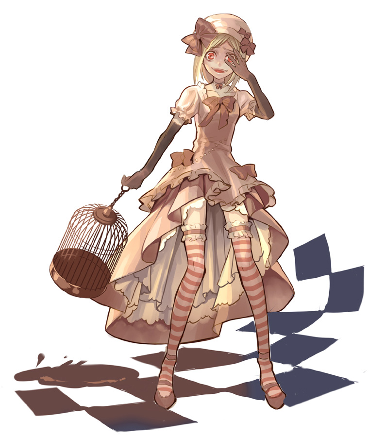 lololo, lambdadelta, umineko no naku koro ni, bad id, bad pixiv id, 00s, 1girl, beret, birdcage, blonde hair, cage, crazy eyes, dress, elbow gloves, female focus, frills, gloves, hat, orange eyes, pink dress, ribbon, short hair, smile, solo, striped clothes, striped thighhighs, thighhighs, too many, white background, yandere