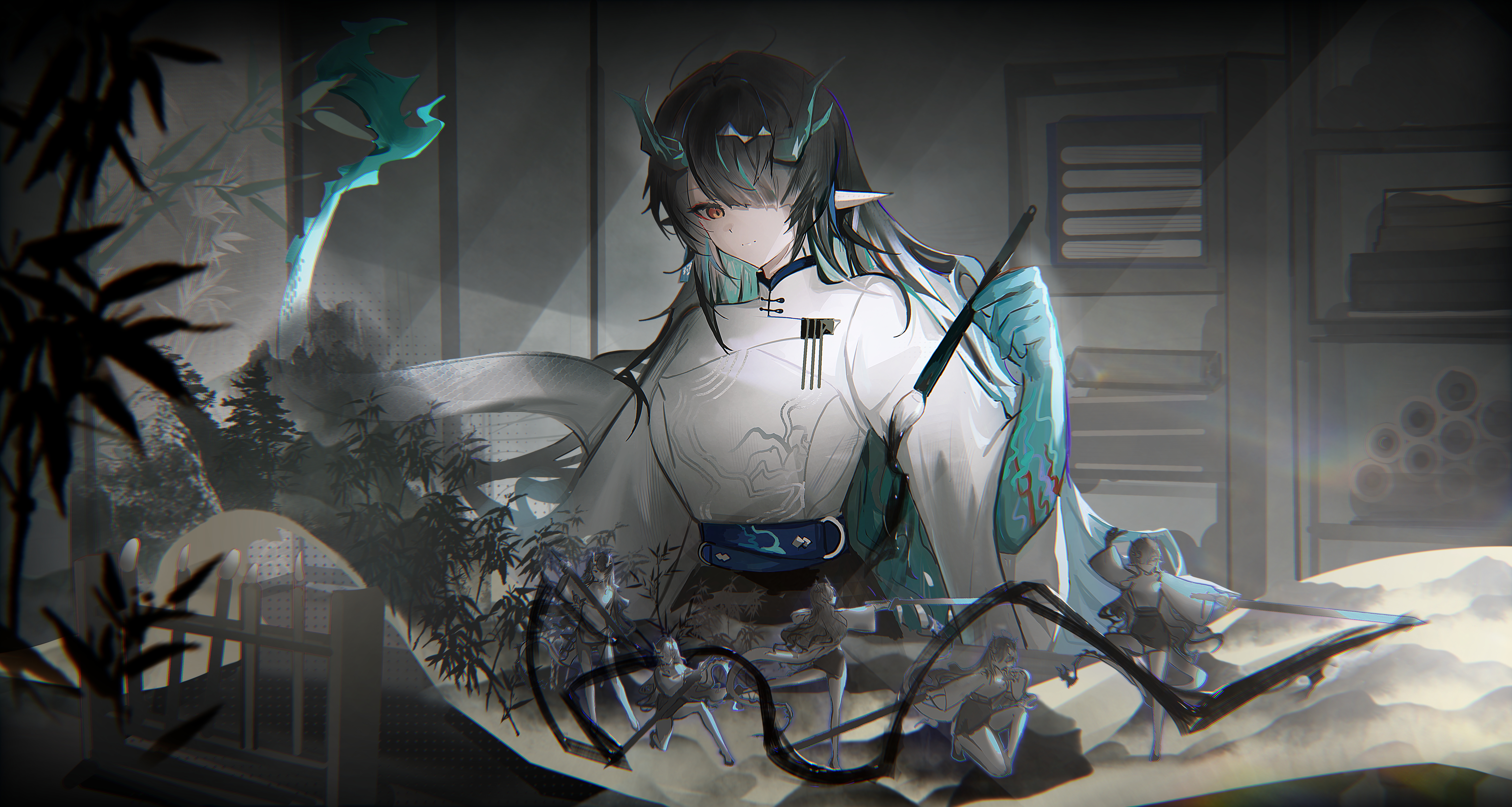 yang xi dd, dusk (ambience synesthesia) (arknights), dusk (arknights), ambience synesthesia, arknights, absurdres, highres, 1girl, belt, black hair, blue belt, colored extremities, colored skin, dragon girl, dragon horns, dragon tail, eastern dragon tail, gradient skin, green hands, green horns, green skin, hair over one eye, high belt, horns, long belt, painting (action), pointy ears, red eyes, solo, tail