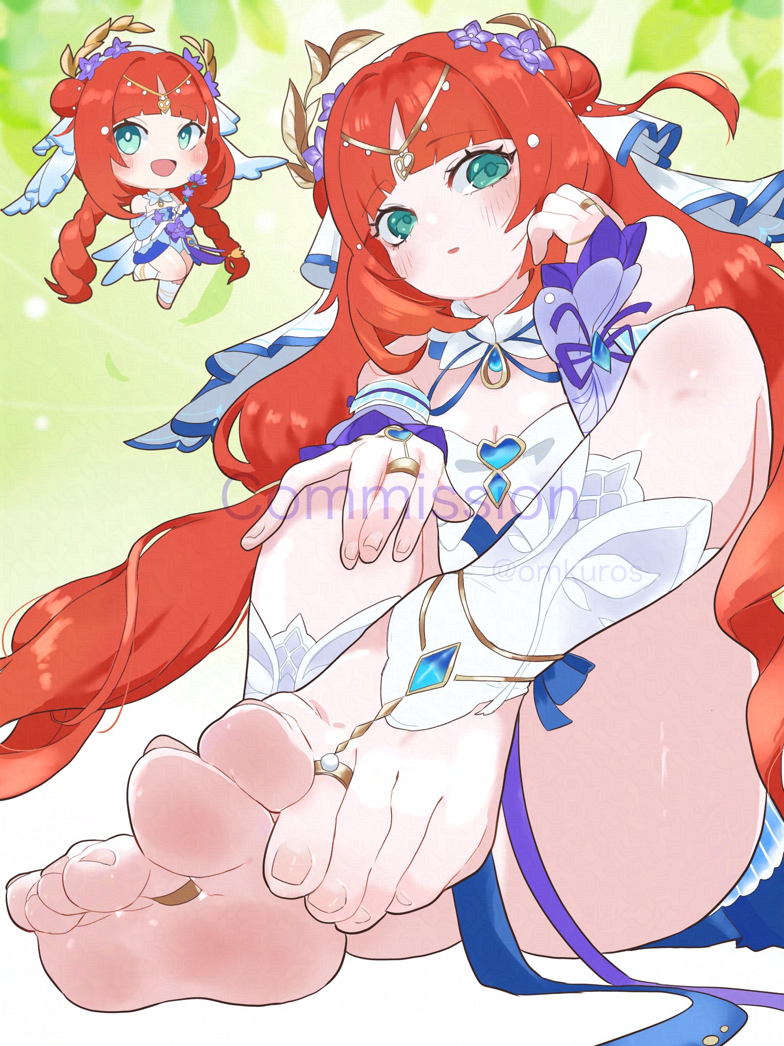 omkuros, nilou (breeze of sabaa) (genshin impact), nilou (genshin impact), genshin impact, commentary, commission, highres, skeb commission, 1girl, :d, aqua eyes, arched bangs, bare shoulders, barefoot, barefoot sandals (jewelry), blue dress, blue flower, blue sleeves, blush, breasts, chibi, chibi inset, circlet, cleavage, curled fingers, detached sleeves, double bun, dress, feet, fingernails, flower, foot focus, full body, gradient background, gradient sleeves, green background, hair bun, hair flower, hair intakes, hair ornament, hand on own cheek, hand on own face, hand on own knee, jewelry, knees up, leaf, leaf background, long hair, long sleeves, looking at viewer, medium breasts, official alternate costume, open mouth, parted lips, red hair, sitting, sleeveless, sleeveless dress, smile, soles, thighs, toe ring, toenails, toes, twintails, twitter username, two-tone background, veil, very long hair, watermark, white background, white veil