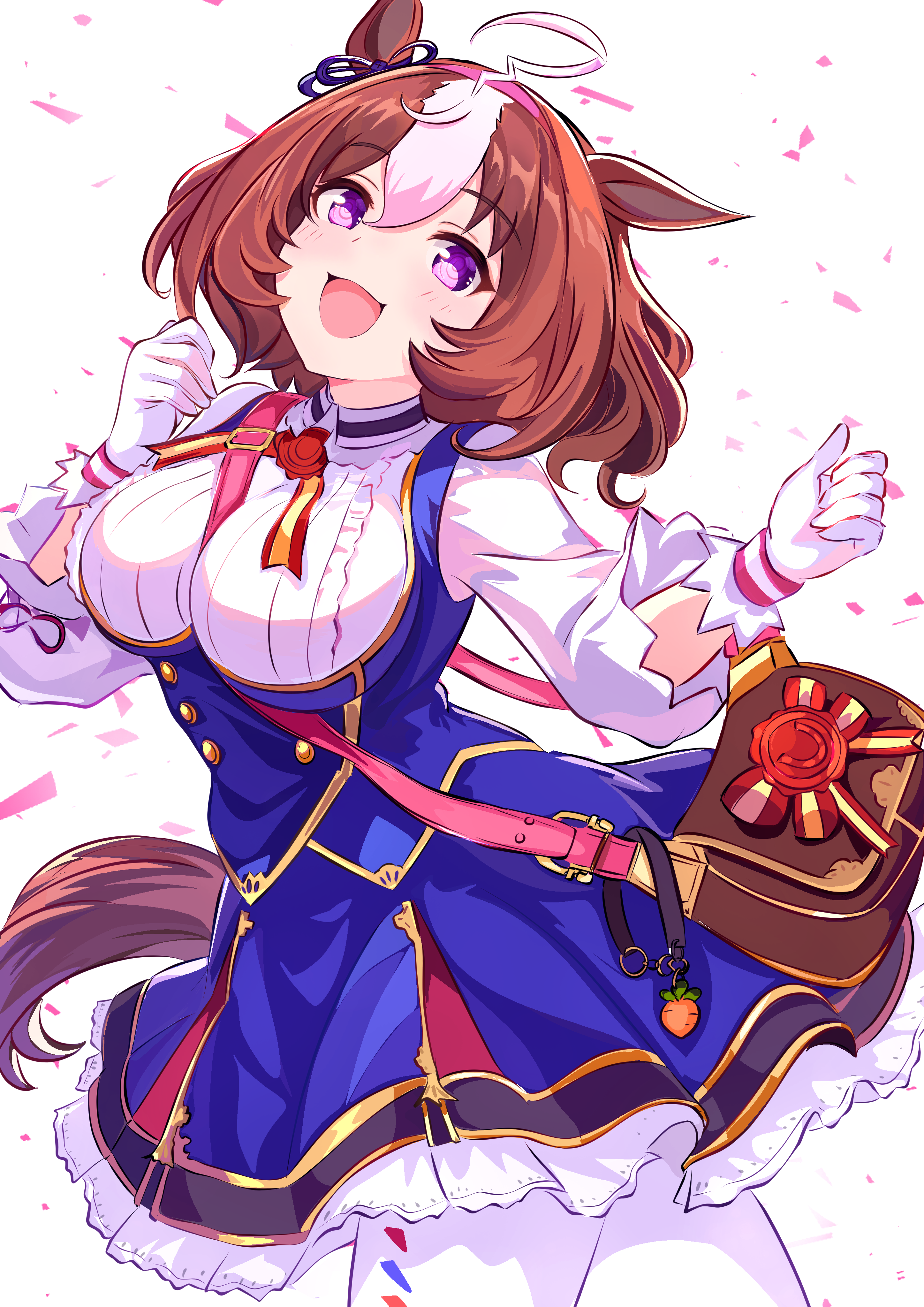 kanon (user rrhr4244), meisho doto (turbulent blue) (umamusume), meisho doto (umamusume), umamusume, absurdres, commentary, highres, 1girl, :d, ahoge, animal ears, bag, blue dress, blue ribbon, bow, breasts, brown hair, collared shirt, cowboy shot, dress, ear ribbon, frilled dress, frills, hair between eyes, hands up, horse ears, horse girl, horse tail, large breasts, long sleeves, multicolored hair, open mouth, pantyhose, pinafore dress, purple eyes, ribbon, shirt, short hair, sleeveless, sleeveless dress, smile, solo, tail, two-tone hair, white hair, white pantyhose, white shirt