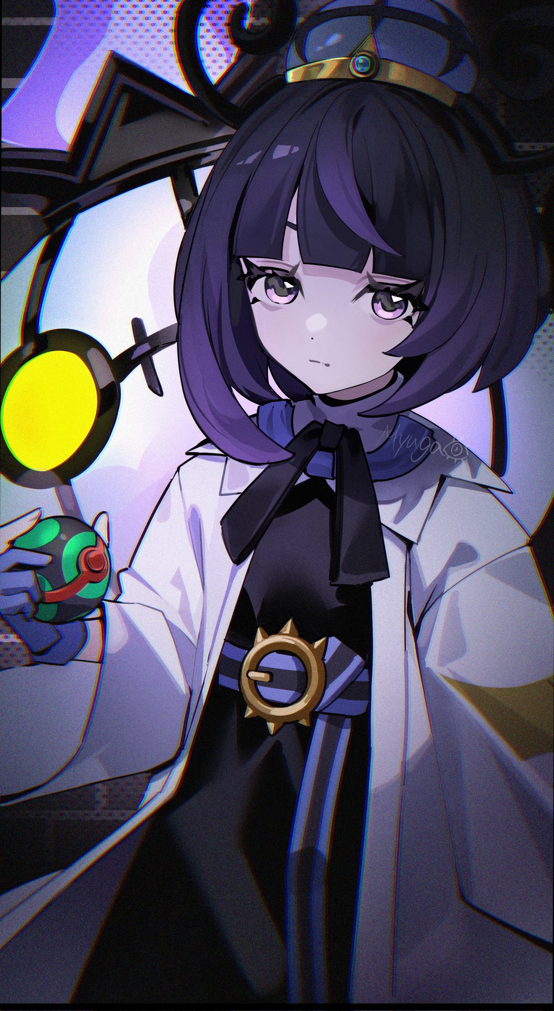 myuga66666, chandelure, gwynn (pokemon), nintendo, pokemon, pokemon legends: z-a, highres, 1girl, artist name, belt, belt buckle, black dress, black hair, bob cut, buckle, closed mouth, coat, dress, dusk ball, eyelashes, gen 5 pokemon, gloves, gradient hair, hat, holding, holding poke ball, long sleeves, looking at viewer, multicolored hair, o-ring, o-ring belt, open clothes, open coat, partially fingerless gloves, poke ball, pokemon (creature), purple eyes, purple hair, short hair, white coat