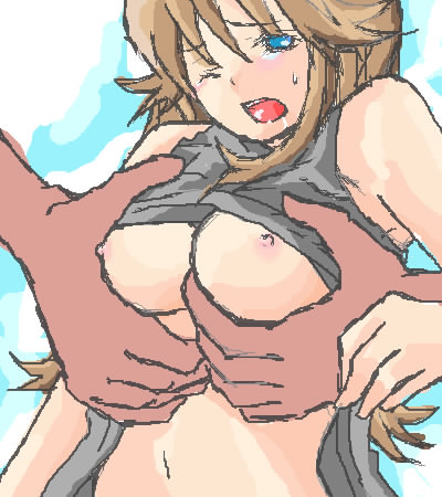 green (pokemon), nintendo, pokemon, lowres, 1girl, blue eyes, breasts, brown hair, female focus, grabbing another's breast, groping, long hair, nipples, solo